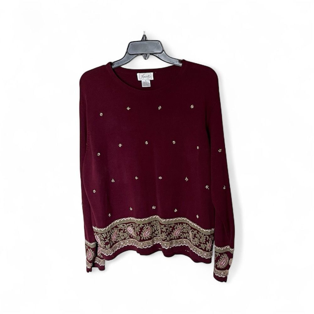 Foxcroft Vintage Maroon Pullover Crewneck Embroidered Sweater Size XL